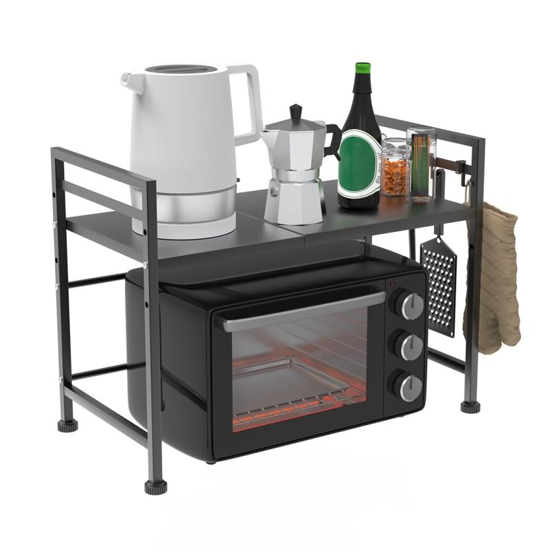 CCYCCL レンジ上ラック 電子レンジラック キッチン 伸縮式 3段 幅40-63cm 棚板高さ調節可 荷重40KG 省スペース フック付き スチール製