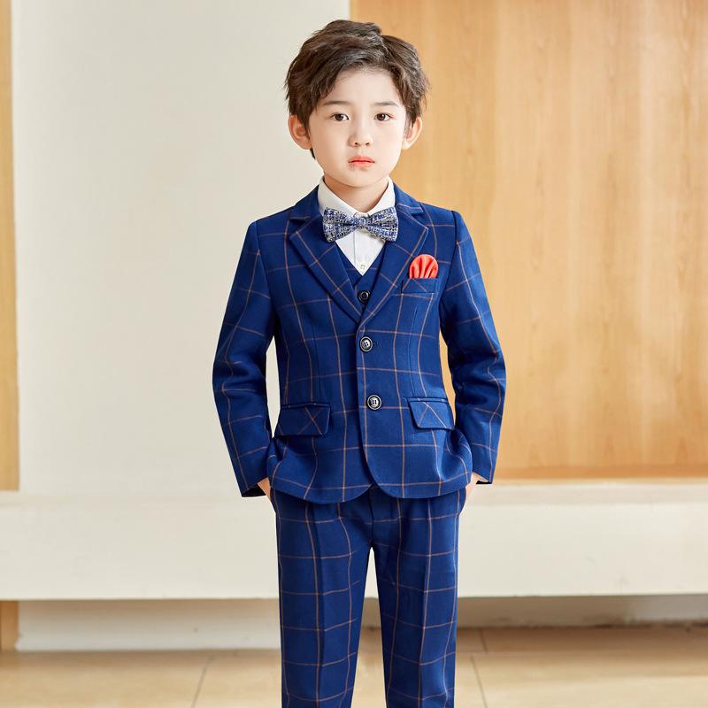 子供用フォーマルスーツ 男の子用タキシード 3点セット (ジャケット ベスト パンツ) 格子柄 結婚式 発表会 卒園式 入学式 長袖 秋冬 上下セット