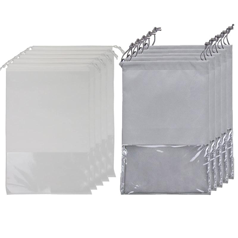 靴収納袋 10枚セット 多機能収納ポーチ 不織布 巾着袋 透明窓付き 中身が見える 靴袋 無地 シューズサック 軽量 戸外運動 シューズ タオル 服入れ 防塵 旅行 出張 家庭収納 32*44cm