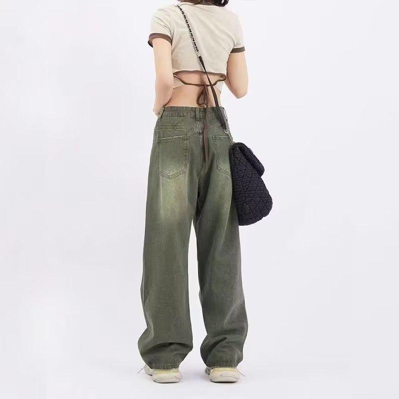 レディース 牛仔パンツ 秋冬 緑 デニム 直筒 ハイウエスト ワイドレッグ ロング ゆったり 着痩せ 微弾性 中厚 綿混 …