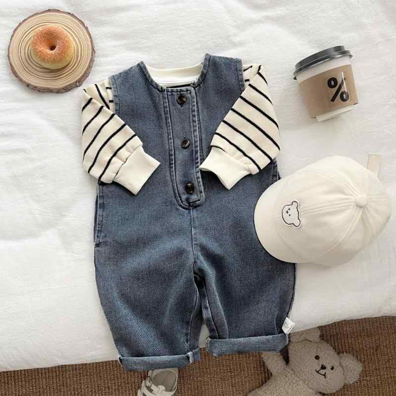 ベビー服 秋物 上下セット デニムサロペット ボーダー柄トップス かわいい カジュ...