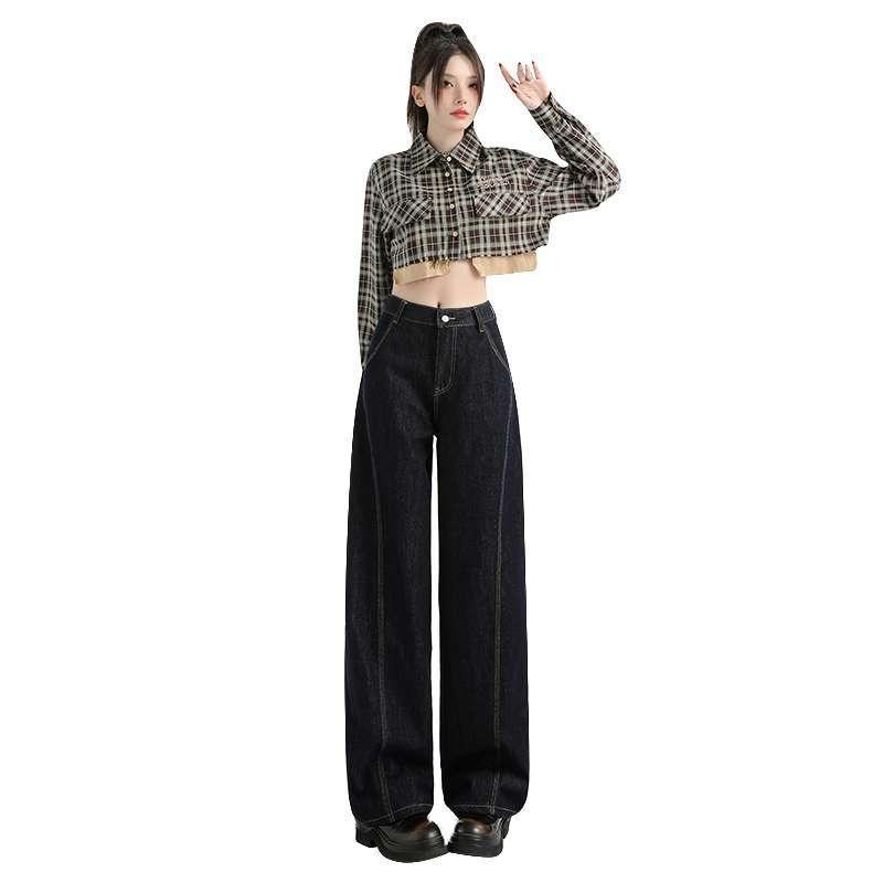 ジーンズ レディース デニム ワイドパンツ ストレート ハイウエスト 美脚 着痩せ ゆったり 濃いブルー 綿 カジュアル…