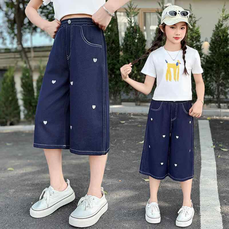 子供服 女の子 夏 薄手 デニム 7分丈パンツ 半袖 Tシャツ 2点セット かわいい おしゃれ キッズ カジュアル 上下セット