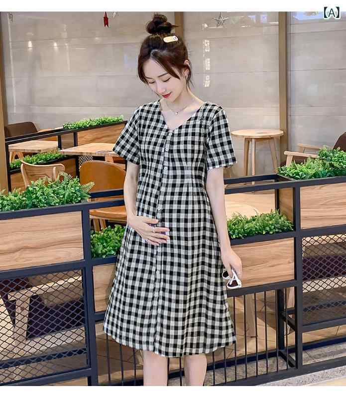 ワンピース レディース マタニティ 妊婦服 チェック柄 Vネック 半袖 ミディ丈 ゆっ...