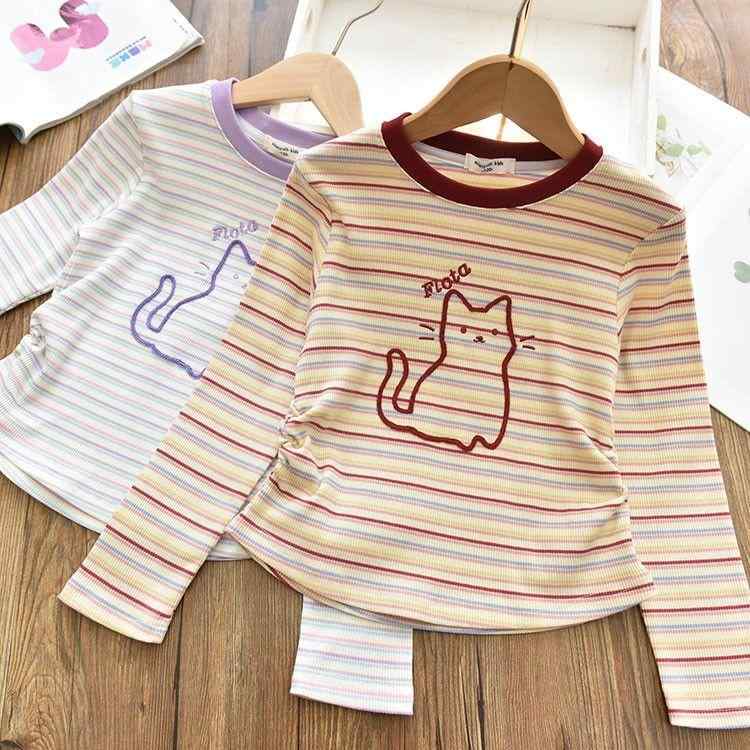 ・カテゴリ: 子供用Tシャツ・対象性別: 女児・スタイル: スウィート・フード: なし・袖丈: 長袖・対象年齢: 中大童（8歳以上、140cm以上）、中小童（3〜8歳、100〜140cm）・生地加工: 柔軟処理・柄: ボーダー・素材: 綿・主な素材の含有量: 86%・安全基準: A類・ネックライン: クルーネック・機能: 保暖・カラー展開: レッドボーダーキャット、パープルボーダーキャット・サイズ展開: 120cm、130cm、140cm、150cm、160cm、170cm