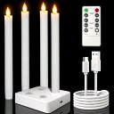 LEDキャンドルライト充電式、4個 24.5cm 長の白い 蝋燭 、リモートコントロール タイマー機能 充電ベース 付き、ホームテー 送料 無料