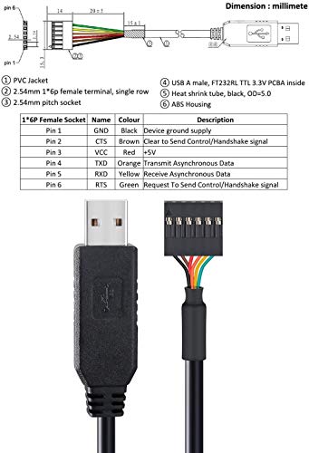 USB TTL シリアル 変換 ケーブル 3.3V 1m FTDI チップセット 6ピン 2.54mm ピッチ メス コネクタ FT 送料　無料