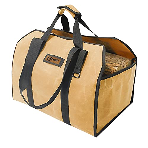 薪バッグ 2way使用 ログキャリー 薪ケース 持ち運び用 ハンドル付き ストーブアクセサリー 帆布製 防水（カーキ） 送料　無料