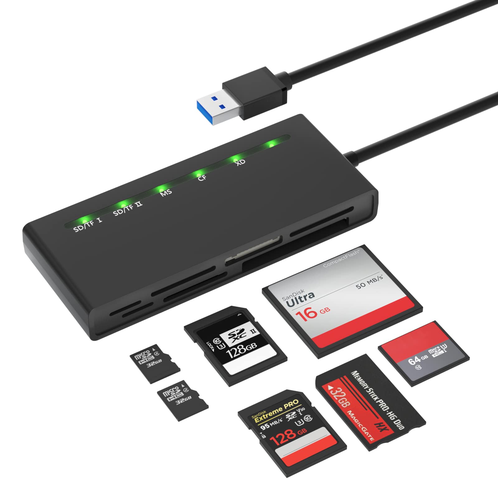 ・FCR1A ・・Color:FCR1A・7in1 USB 3.0 カードリーダー: この メモリーカードリーダーは、ほとんどの標準メモリカードをサポートし、各カードのニーズを満たすことができます。 このカードリーダーには、CFスロット1つ、SD2つ、TF Micro SD、MS1つ、XDカードスロット1つが装備されています。 しかも、このマルチカードリーダーは 5 種類のカードを同時に読み取り、書き込みできるので、プラグアンドプレイ、作業効率が大幅に向上します。・5Gbps高速読み書き：USB3.0スーパースピード/5Gbpsに対応、USB2.0規格の約10倍の転送速度を実現するUSB3.0規格に対応したSD/TF/CF/MS/XD カードリーダーです。高解像度の写真やHD動画はPCやノートパソコンに短時間で転送できます。動作状況表示のLEDランプも装備しており、挿すだけで使用できます。・幅広い互換性: このUSBカードリーダーは、CFカード、SDカード、SDXC、SDHC、microSD、microSDXC、microSDHC、TF、M2、MS、XD