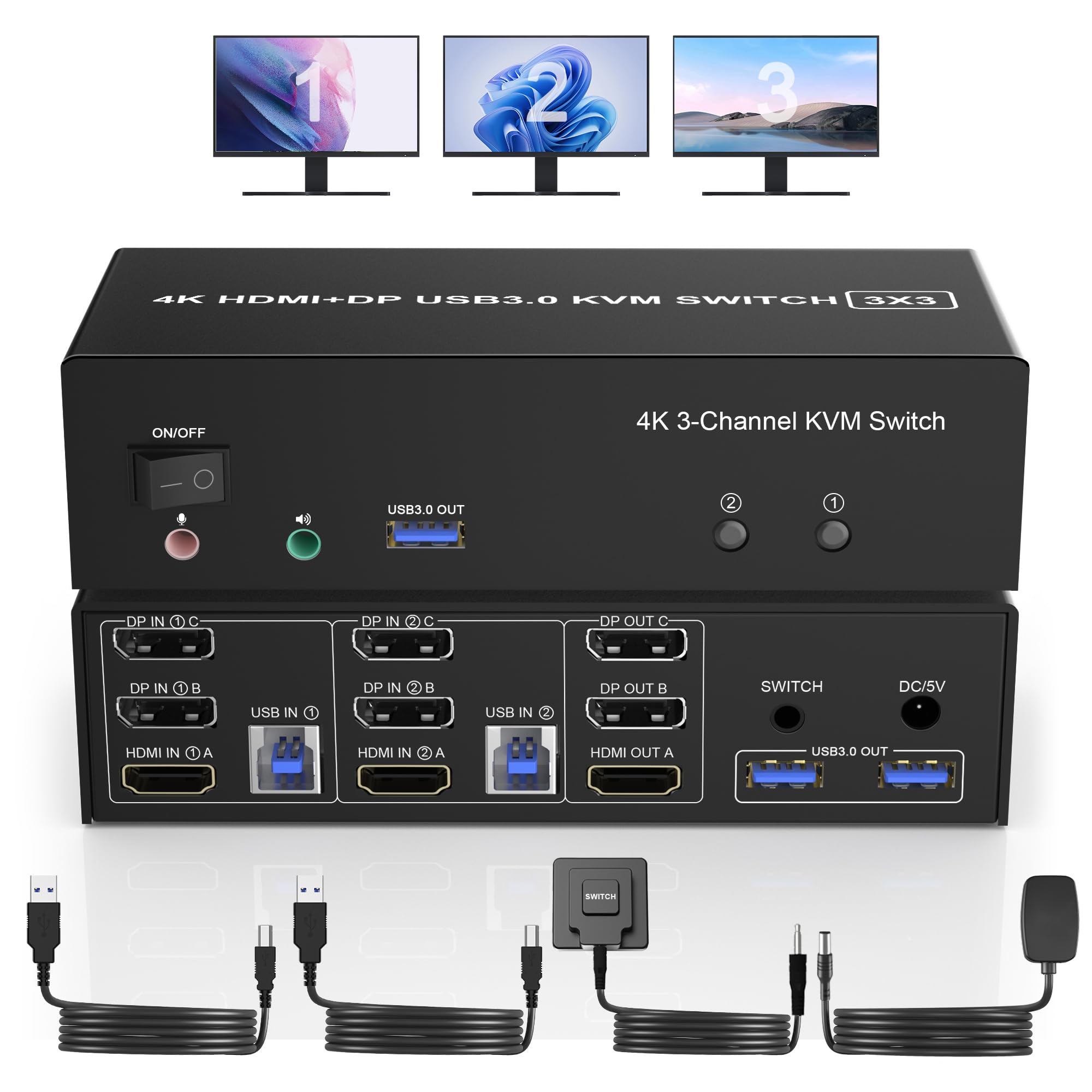 HDMI + 2 Displayport 3 モニタ KVM スイッチ USB 3.0 2 台のコンピューター、4K@60Hz トリプ 送料　無料