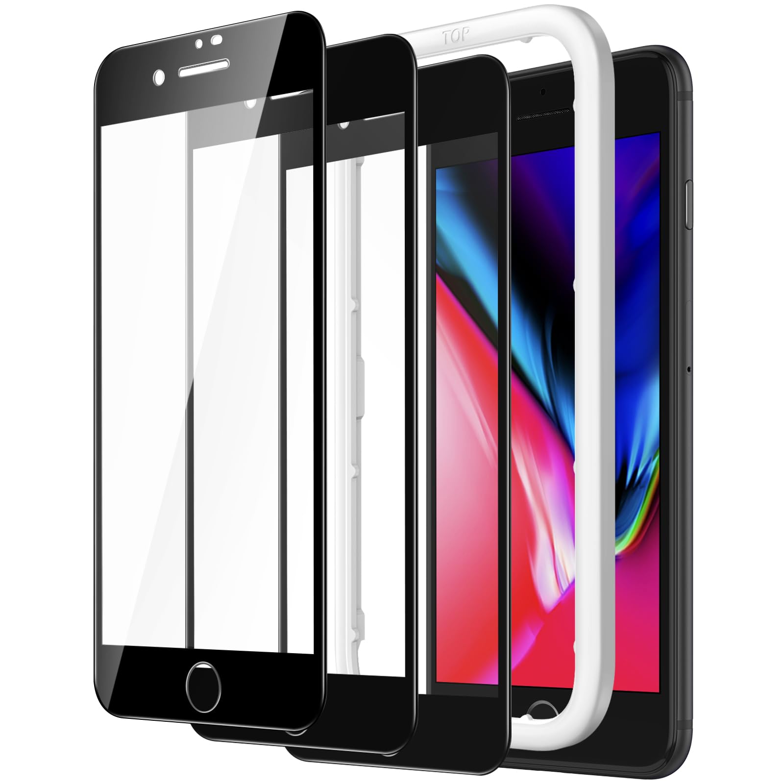 iPhone 8 Plus/7 Plus 5.5インチ用 全面保護フィルム 強化ガラスフィルム 黒縁 ガイド枠付き ケースに干渉なし 送料　無料