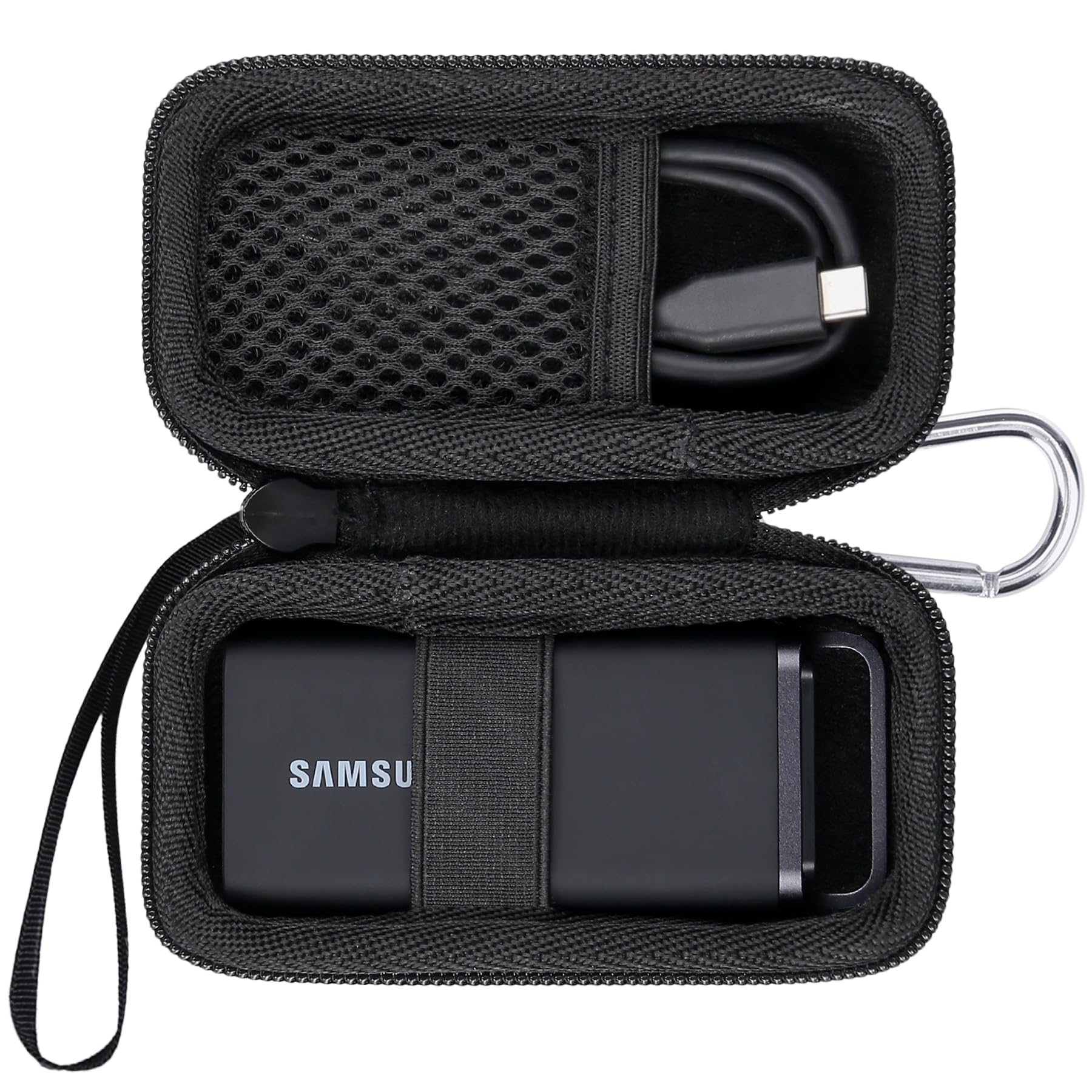 ・ブラック Case for Samsung T5 EVO・ぴったりフィットケースは、サムスン Samsung T5 EVOのために特別設計されており、サムスン Samsung T5 EVO 8TB 4TB 2TB外付けSSDとアクセサリなどをまとめて収納できます。外寸：12x6.5x5CM・外層は表面防水外側の層はEVA素材を採用してハードナイロン製で、硬く、耐衝撃性、傷防止に優れています。 表面防水と防塵性にも優れています。サムスン Samsung T5 EVOをしっかりと保護できます。・柔らかな裏地内層の裏地は柔らかい素材を使用して、繊細で肌触りが良く、サムスン Samsung T5 EVOを傷から守り、ご心配なくサムスン Samsung T5 EVO 8TB 4TB 2TB外付けSSDを良く収納できます。・持ち運び便利ケースには、サムスン Samsung T5 EVO 外付けSSDを持ち運びに便利のために、ハンドストラップとカラビナ付きを設計されており、いつでもどこに行っても、外出や旅行の時にサムスン Samsung T5 EVOを携帯しやすい