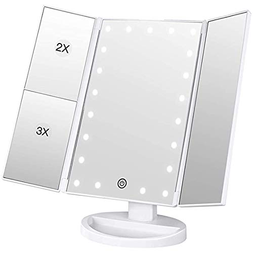 化粧鏡 卓上 化粧ミラー 鏡 21個LED 拡大鏡 2/3倍 明るさ調節可能 180°回転 電池&USB 2WAY給電 三面鏡 卓上 送料　無料