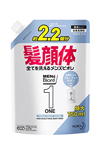 ・ホワイト 750ミリリットル x 1 ・ホワイト・内容量:750ml・ノンシリコーン/パラベンフリー/鉱物油フリー・アミノ酸系洗浄成分配合・清潔感のあるフルーティーサボンの香り説明 メンズビオレONE 髪、顏、体、すべてを洗えるメンズビオレ! 1本で全身のアブラ超スッキリ! 独自開発の「高洗浄クリアジェル」が髪・顔・体の皮脂・汗汚れを溶かし出して、洗い落とします。 ・1本で全身のアブラ超スッキリ! ・清潔感のあるフルーティーサボンの香り