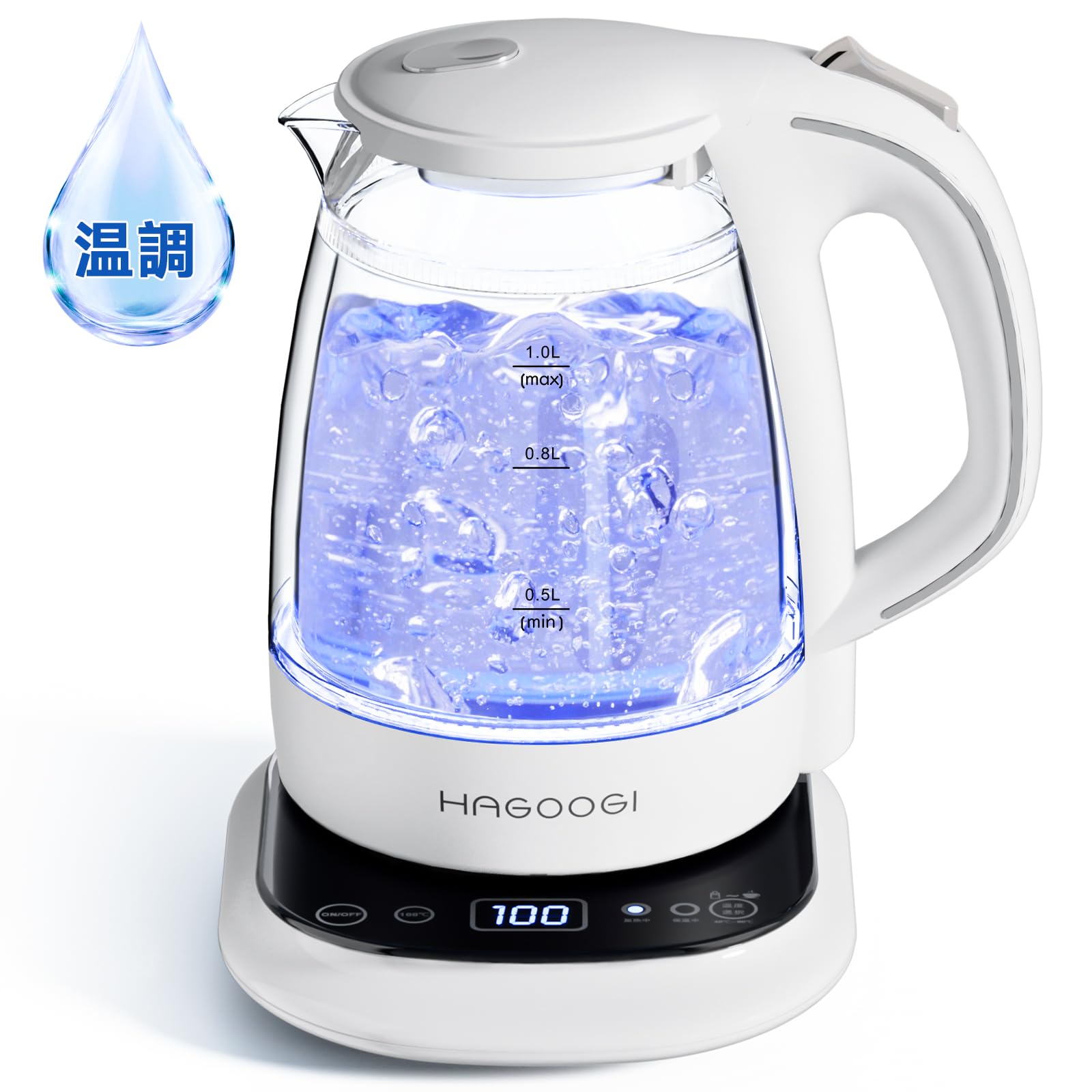 ハゴオギ 電気ケトル ガラス 1.0最新昇級版 ライト付き 8段温度調節/4時間の保温機能/二重構造 火傷防止/自動電源オフ 空だき防止 湯沸のサムネイル