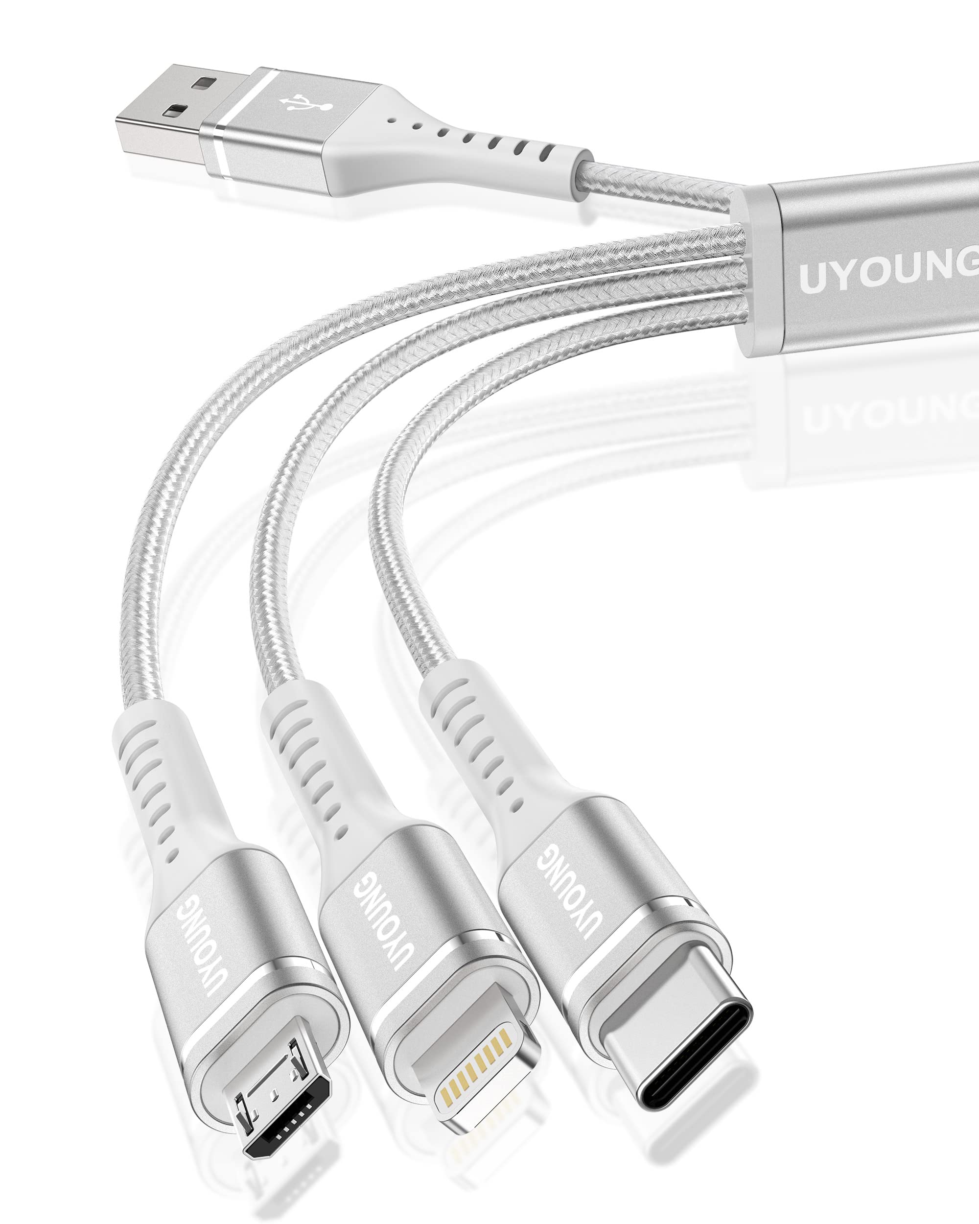 本・シルバー 1.M ・・ize:1.Mtyle:本olor:シルバー・3in1 充電ケーブル本製品は三合一充電線、マルチヘッド充電線です。3種類の端子ライトニングiO・ype・Micro Bを搭載しており、自宅、オフィス、車内等色々な場所で、1本だけを持つと十分。・高耐久ナイロン＆断線防止設計柔軟性と耐久性を兼ね備えた二重編込高耐久ナイロン素材を採用、ihone充電ケーブルがより頑丈で柔軟になります。根元強化デザイン、10000回以上の折り曲げテスト、普通のケーブルより長い使用可能です。・3台同時充電 1つのBポートから3台のデバイスが同時に充電できます。ライトニングデバイス、ype機器、マイクロB機器を対応し、3台接続機器へ同時に急速充電を対応します、充電スピードも早くて 本当に便利です。・対応機種・幅広い互換性3in1 多機能ケーブルはほぼ全設備にphone対応できます。ライトニング端子・ype 端子やMicro B端子搭載のスマホ・タブレット・イヤホン等のB周辺機器を対応します。・