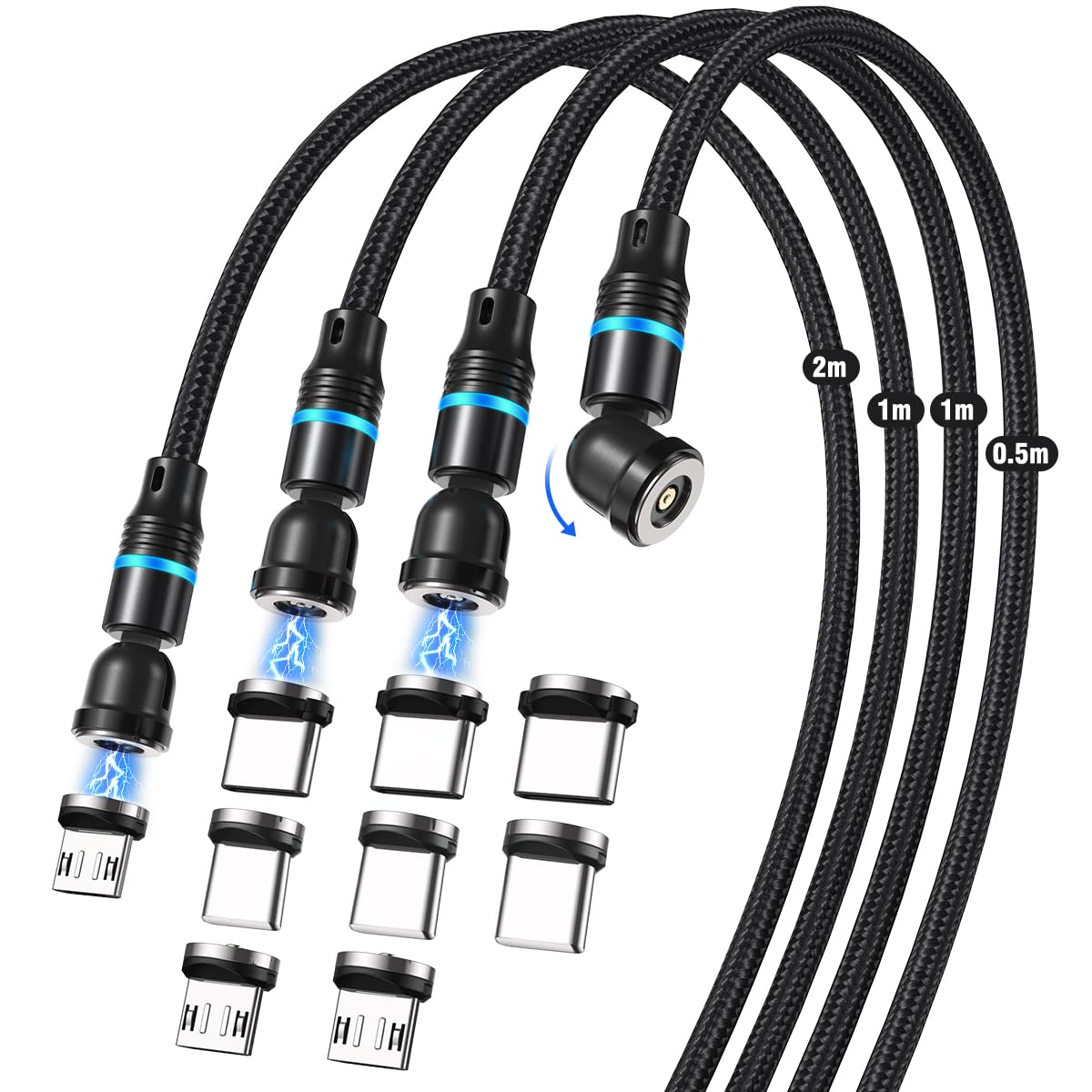 マグネット 充電ケーブル 3in1 Bケーブル EREE4本セット / 0.5m/1m/1m/m540°回転 じゅうでんケーブル B ype