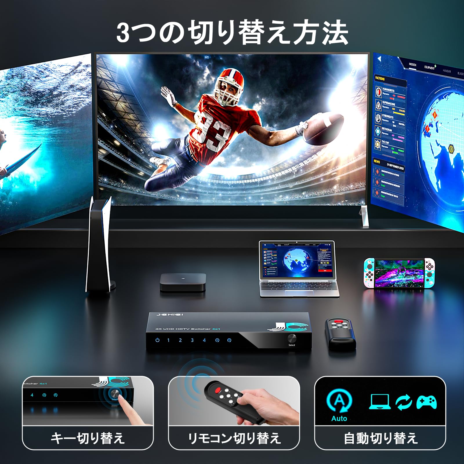 「04年新登場」H HDM 切り替え器 4入力1出力 4K@60Hz/K@10Hz/1080@40Hz HDM切替器H...