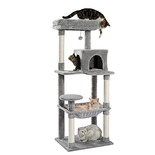 EA キャットタワー 猫タワー スリム 大型猫 据え置き 省スペース 登りやすい ハンモック 見晴台 ねこハウス ボンボン 天然麻紐 爪とぎ 運