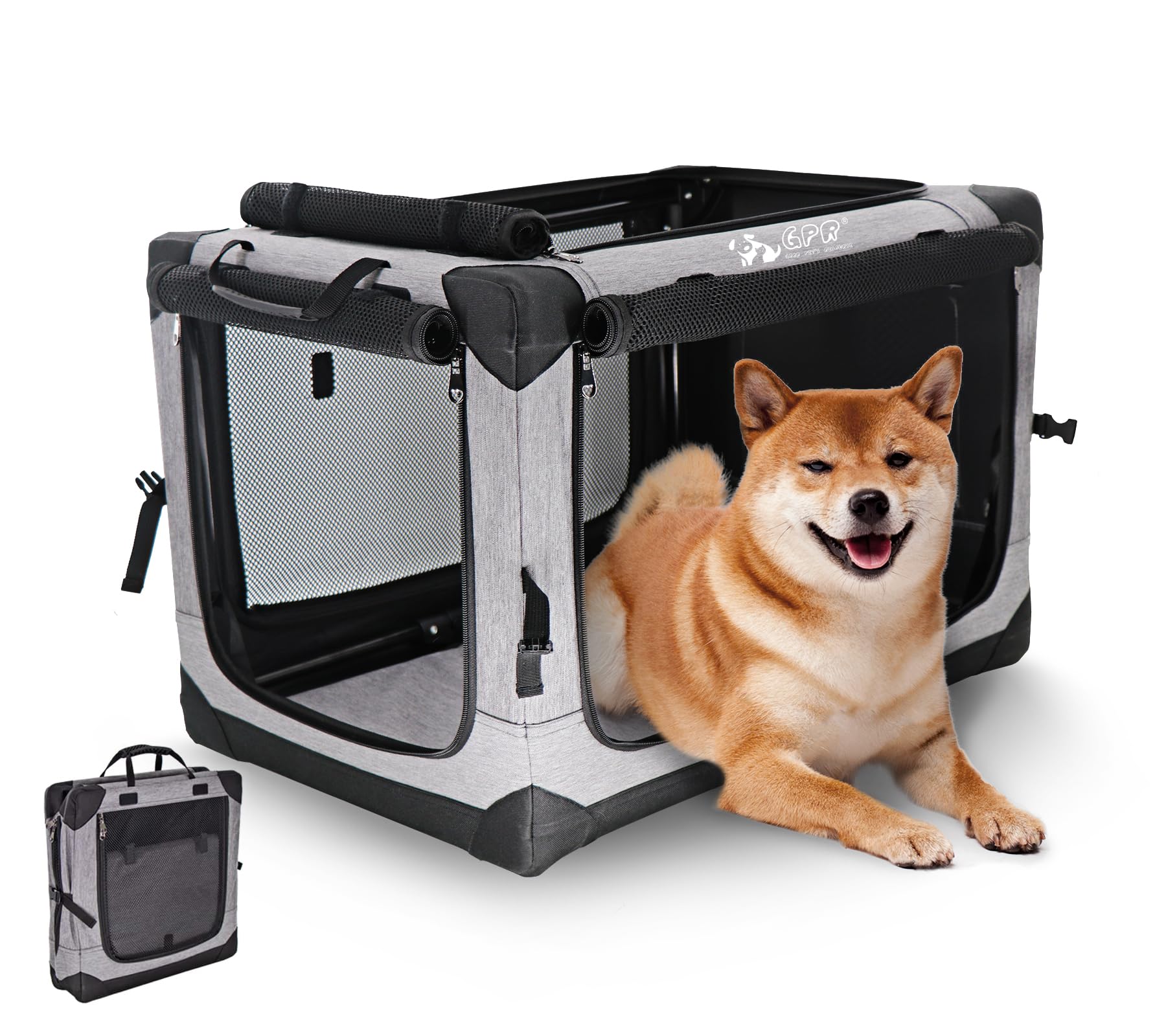 GR ペット ソフトクレート ケージ ペットキャリー ペットハウス カバー取り外せる 4面メッシュ出入口 鉄フレーム 猫犬兼用 折りたたみ式 洗