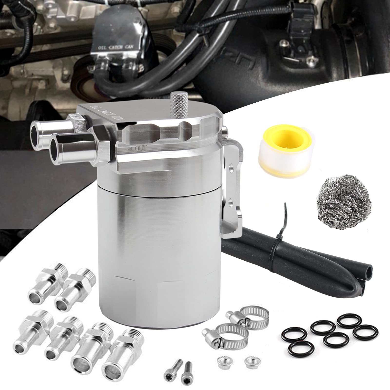 VEHUN オイルキャッチタンク 車 バイク 300l アルミ製 汎用 オイルキャッチ バッフル付き 円柱型 ホースニップル付き 外径 11Φ