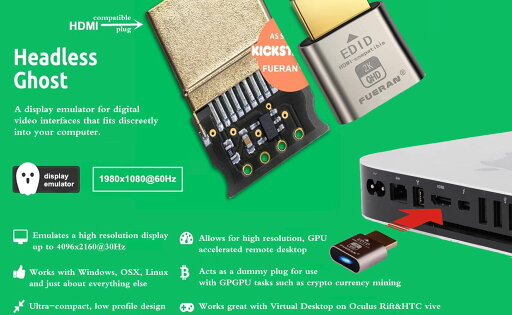 HDMダミープラグ、ヘッドレスゴースト、ディスプレイエミュレーター(Fit Headless190x1080 enation @ 60Hz)