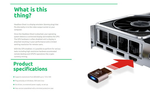 HDMダミープラグ、ヘッドレスゴースト、ディスプレイエミュレーター(Fit Headless190x1080 enation @ 60Hz)