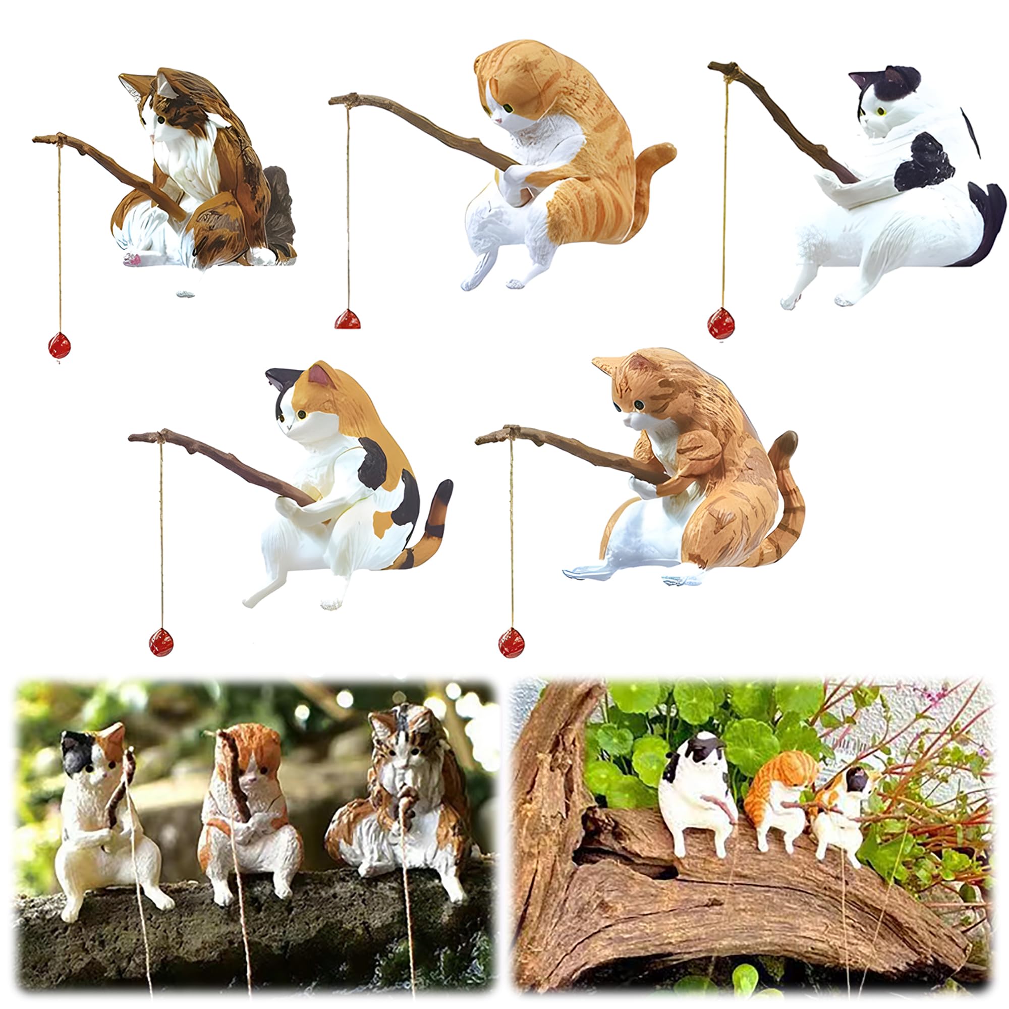 AAGWW カプセルトイ 子猫釣り置物 水槽造景 レジャー猫 釣り猫 懸垂装飾品 ガチャガチャ玩具（猫の釣り5点セット）のサムネイル