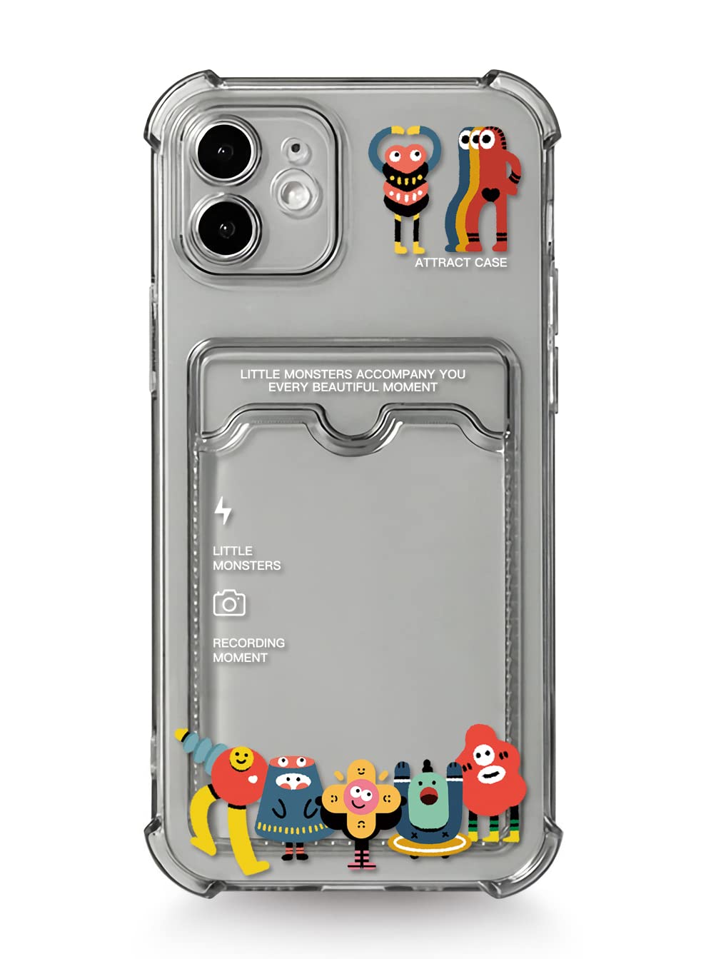 乐天商城 - Attrt iphone 15ro Maxケース 透明 ポケット付き 背面収納 小怪物 怪獣ちゃん カード収納 シンプル イラスト キャラクター