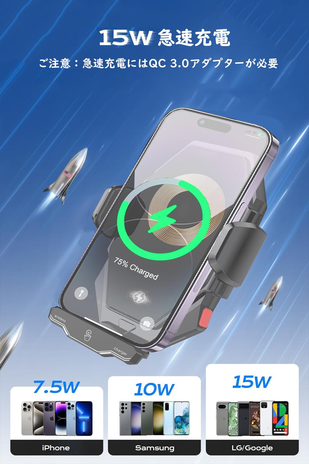 車載 ワイヤレス充電器 Qi 15W 急速充電 スマホホルダー 車 自動位置調節 ihone 15/14/13/1/11 ro Max/Xs/a