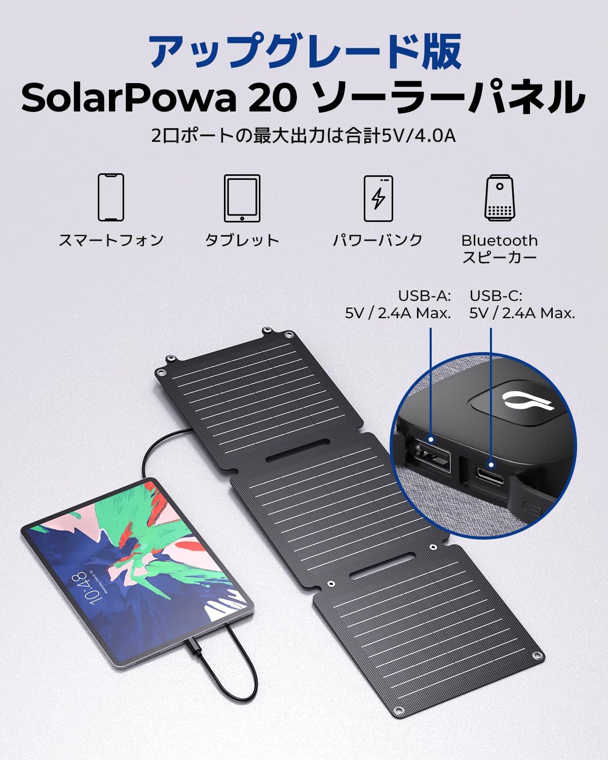 Be 0W ソーラーパネル EFE素材 Bポート BA/B（5V/4A ）ソーラー 充電器 65防水防塵 小型 ソーラーチャージャー 折りたたみ