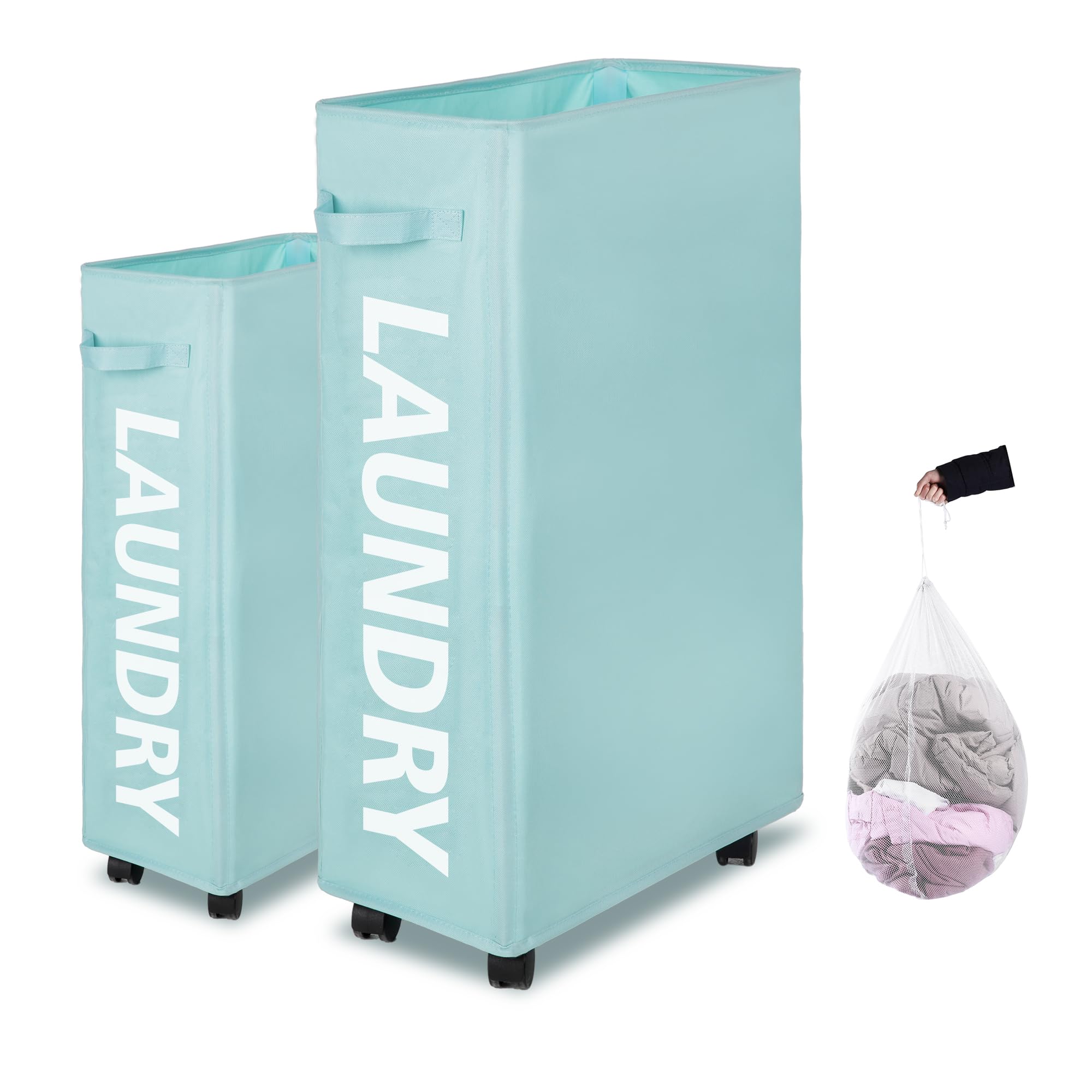 oeas 65L lim ランドリーバスケット 洗濯かご スリム ランドリーかご 洗濯かご 折りたたみ キャスター付き 撥水加工 取っ手付き 細