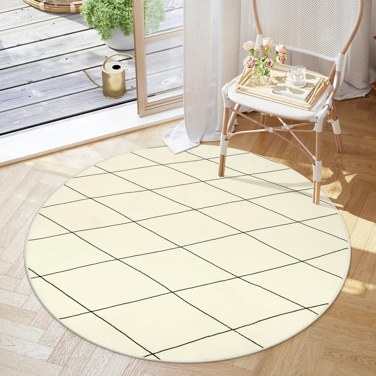 HAOOO ラグ 円形 ラグマット 140cm チェアマット 洗える 北欧風 オールシーズン適用 幾何学柄 ふわふわ..