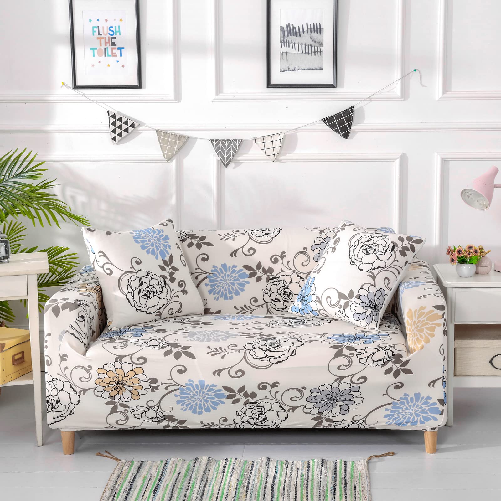 HOZAN ソファーカバー 2人掛け 肘付き ストレッチ 北欧風 伸縮素材 滑り止め 防塵 ソファー保護 クッションカバー2枚付