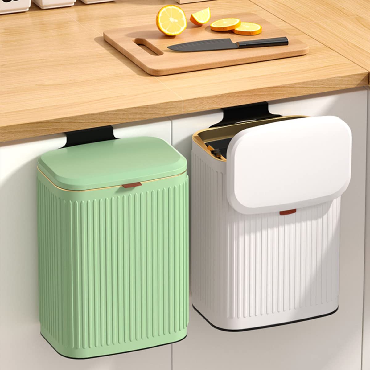 壁掛けゴミ箱 ふた付き 8L キッチンキャビネット ゴミ箱 ステンレス製 ぶら下げごみ箱 内バケツ付き キッチン用ゴミ箱白い [3]