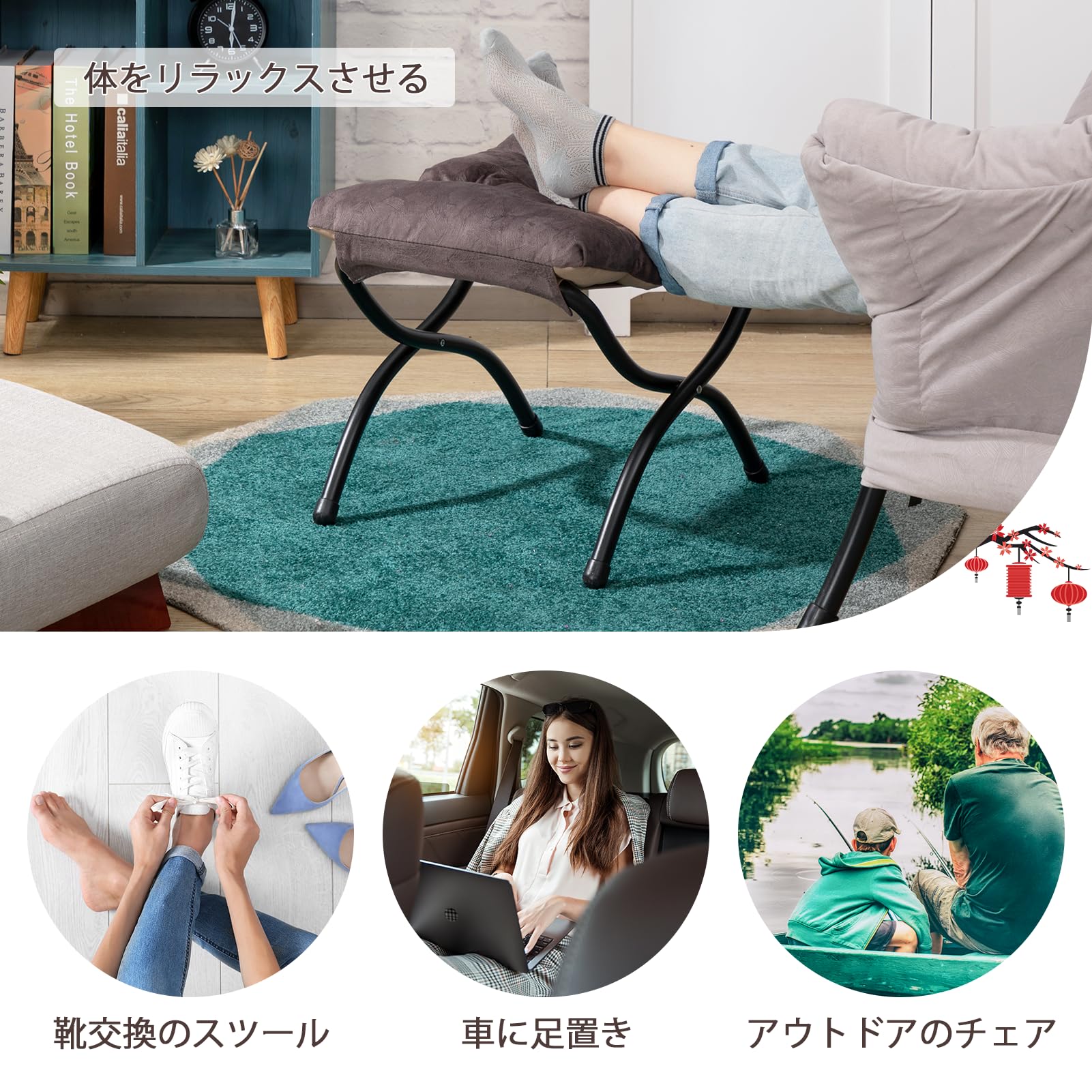 オットマン 折りたたみ フットレスト 足置き台 踏み台 足枕 スツール しっかり 耐荷重80KG 高反発 完成品 贈り物 コーヒー&グレー [3]