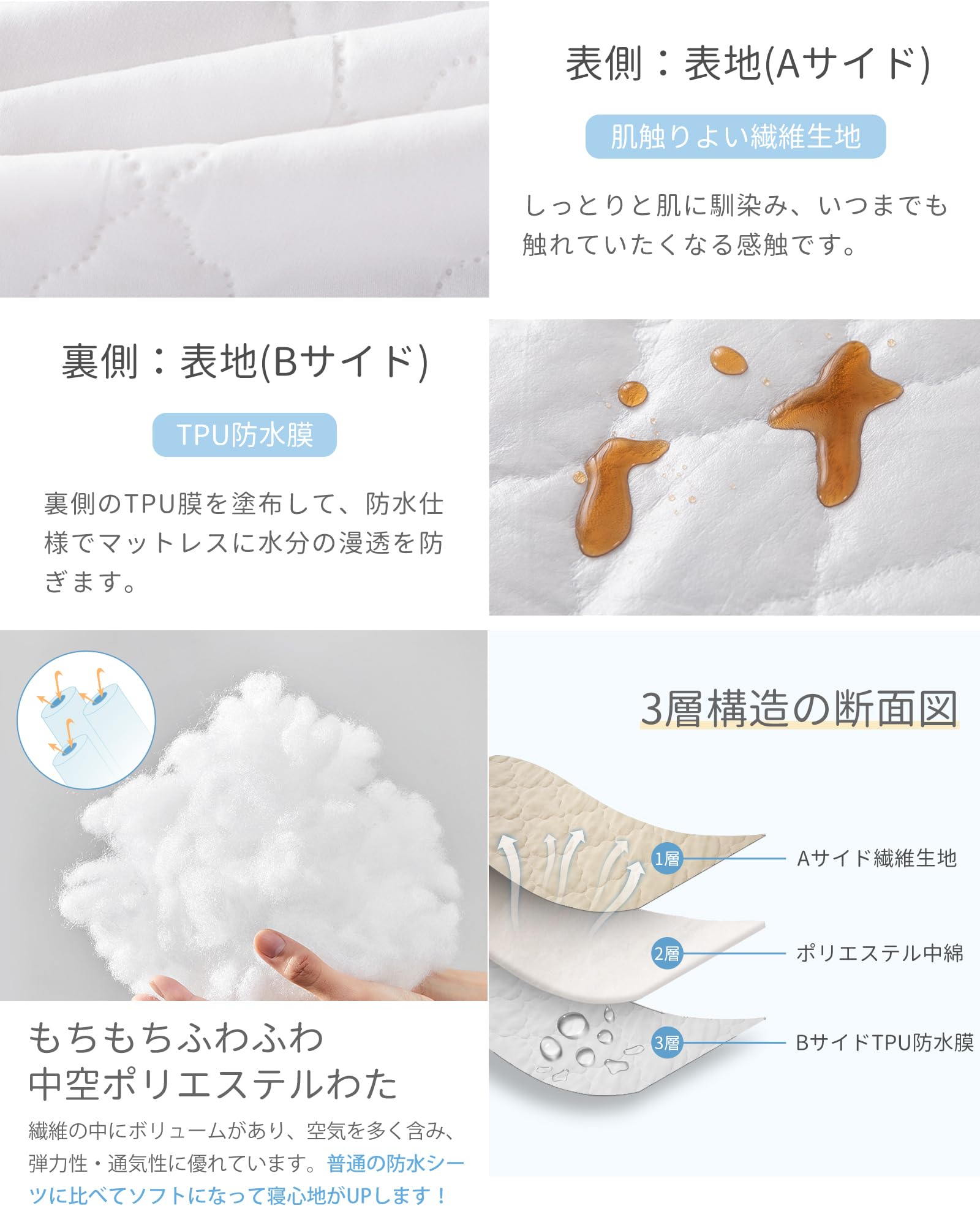 2枚組 Vallein 防水シーツ シングル 防水敷きパッド セミダブル ダブル ベッドパッド 介護用 吸水速乾 抗菌&防臭&防ダニ加工 ベッド [3]