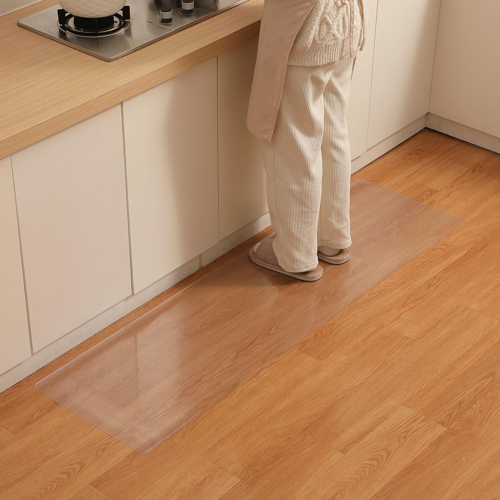 キッチンマット エンボス加工 透明 180x60cm 厚さ1.5mm 拭ける つや消し クリア 台所マット 滑り止め 防水 汚れ防止 お手入れ簡