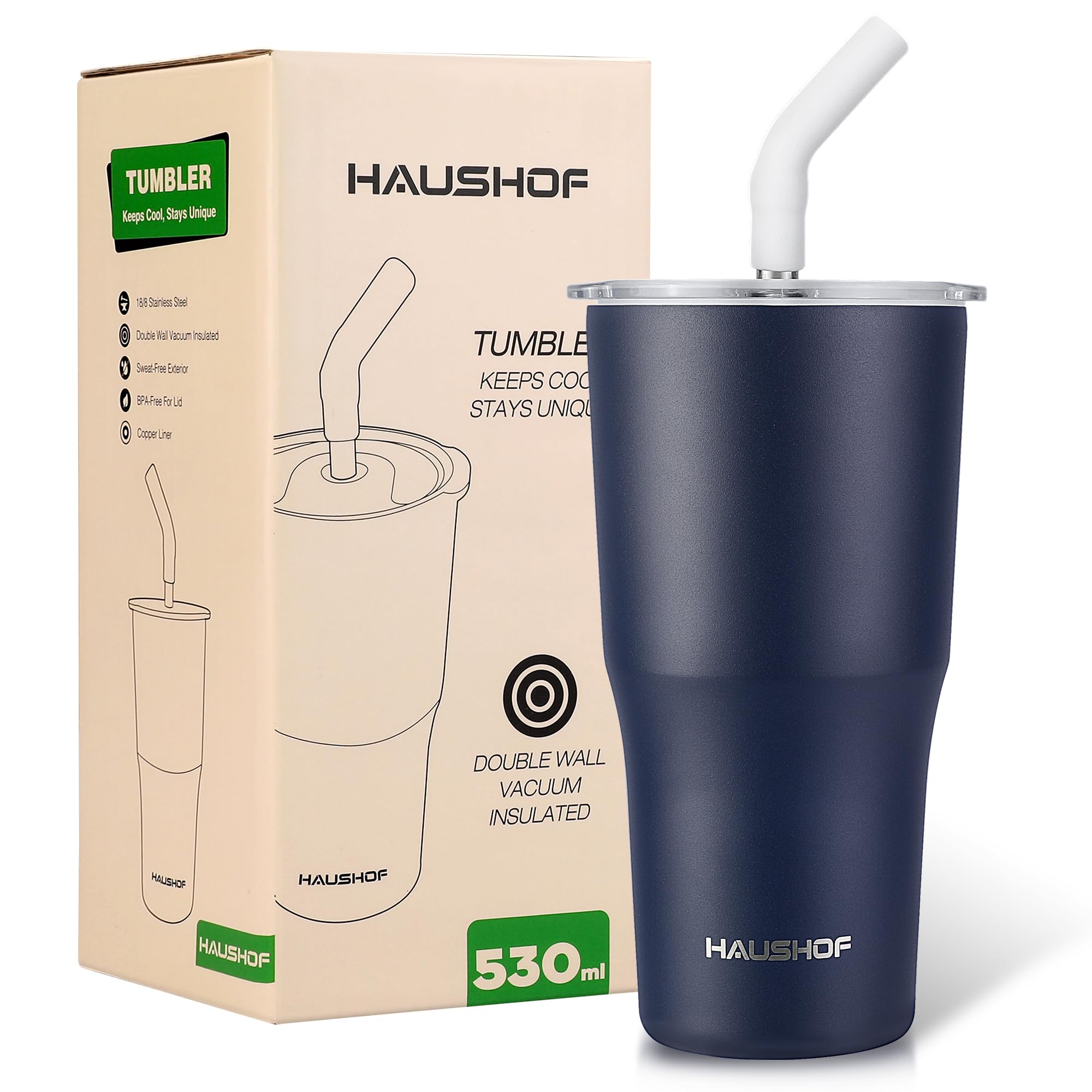 杯子 - HAHOF タンブラー ストロー付き 蓋付き 530ml コーヒーカップ 水筒 マグボトル コーヒータンブラー ステンレス 二重構造 真空断熱