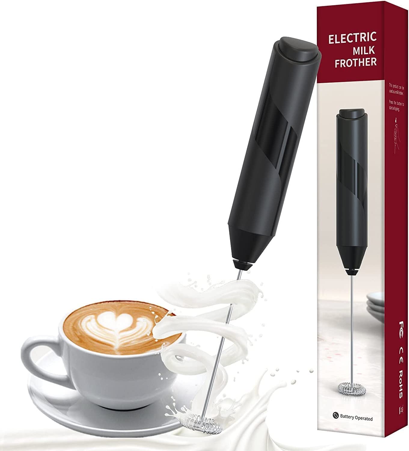 電動ミルク泡立て器 ハンドヘルド泡立て器 コーヒー撹拌飲料ミキサー、カプチーノ、スムージー、抹茶、ホットチョコレート ミニ泡立て器 ブラック