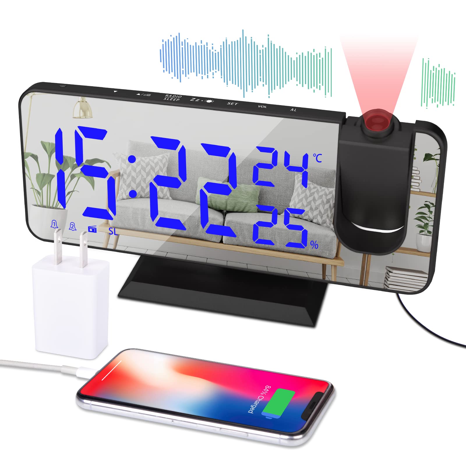多機能目覚まし時計 デジタル投影時計 クロック 温湿度計 Aアダプター付 FMラジオ・アラーム・投影・ス..