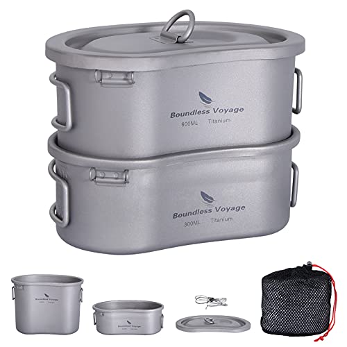 Voyae チタン 飯ごう 錆びない 用ハンゴウ 兵式 折りたたみハンドル付 キャンプ用品 バーベキュー BBQ用 600ml+300ml