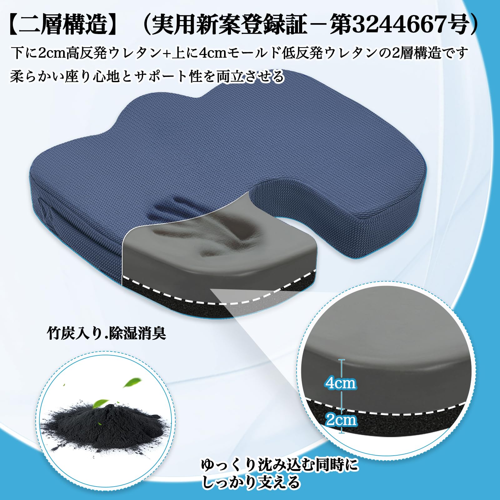 HAVARGO 椅子 クッション 低反発+高反発 二層構造 座布団 お尻が痛くならない 厚め 低反発クッション 腰痛クッション オフィスチェアク