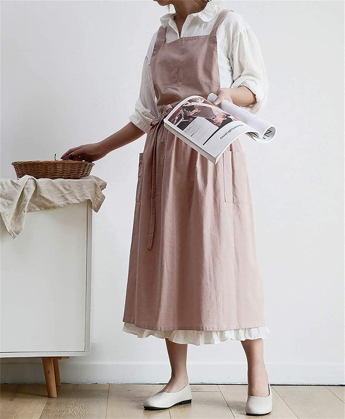 LeafIn 花柄 エプロン ワンピース型 綿 2Way ポケット付き 肩掛け ロング丈 レディース ワンピースタイプ キッチン カフェ風 料理