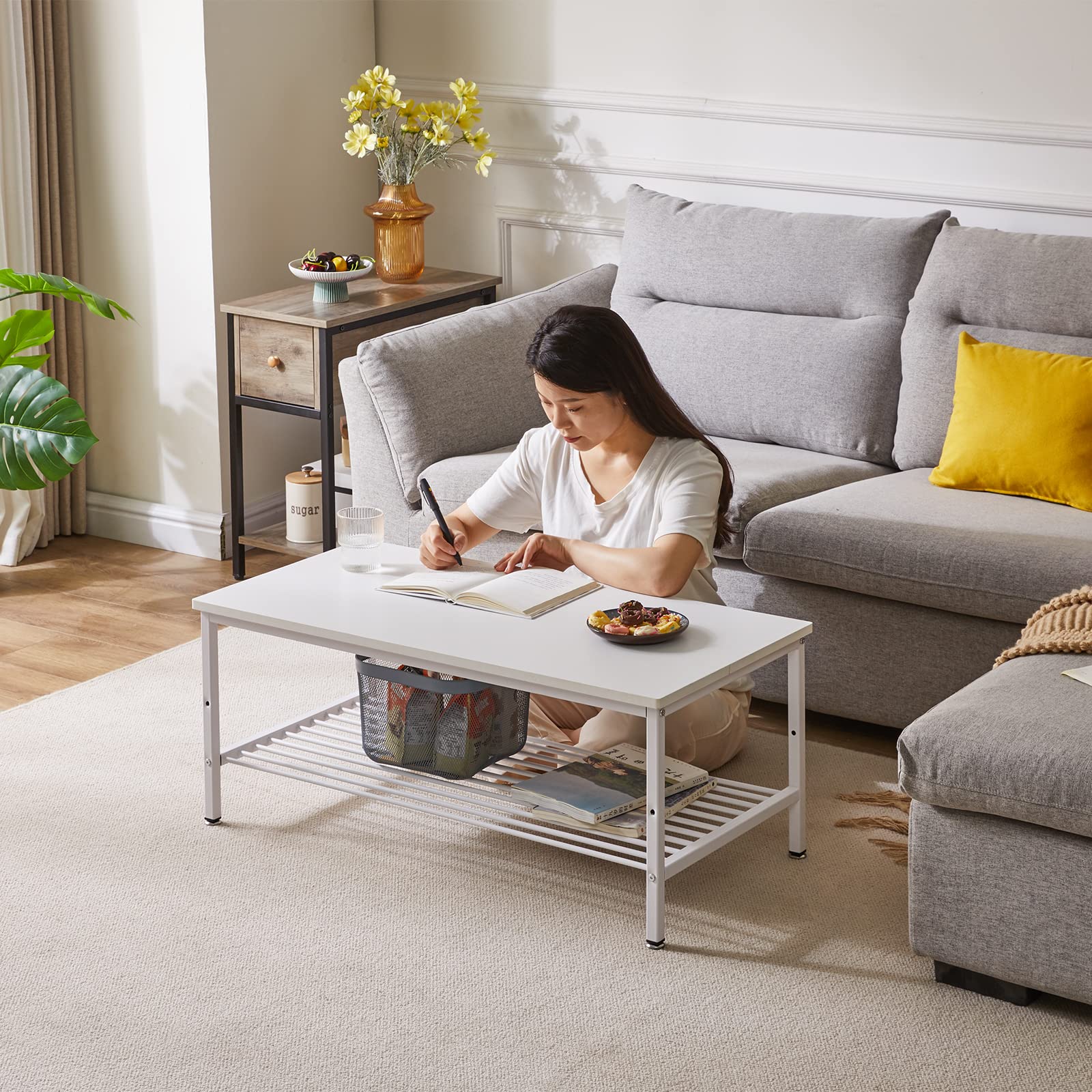 センターテーブル ローテーブル 丸い角保護 リビング テーブル 収納棚付き コーヒーテーブル ティーテーブル 茶卓 90x45x38cm 棚の [2]