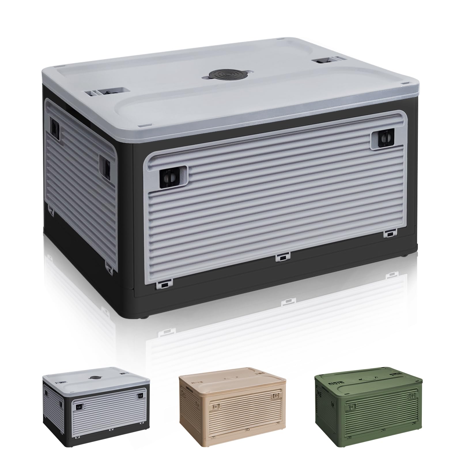 新設計収納 コンテナ ボックス「折り畳み・蓋付き・全方向から取り出せる」収納ボックス ブラック×グレー キャンプ 大容量 55.6L*1個 宅配