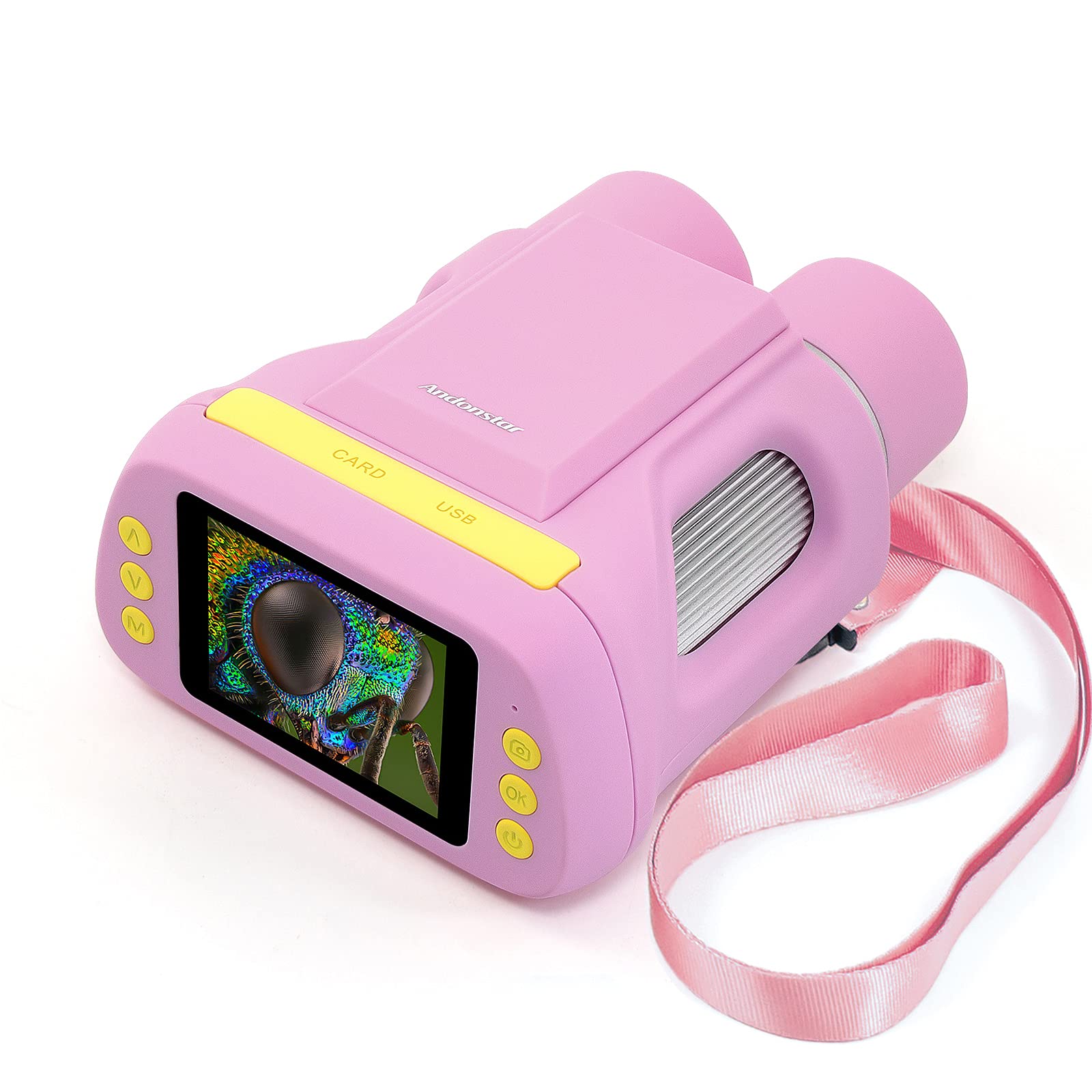 AD122 ポータブル 2レンズ 子供用顕微鏡 双眼鏡付き 2インチスクリーン 3~12歳用 Bデジタル顕微鏡 子供用双眼鏡 ピンク 写真&ビ