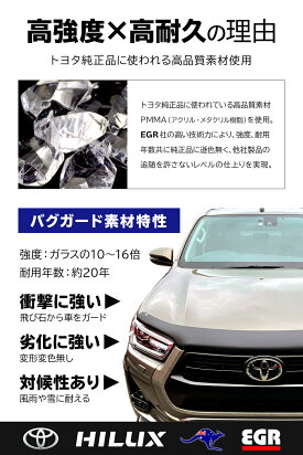 ハイラックスGUN125バグガードボンネットプロテクターパーツ虫除けスモークTOYOTAピックアップ日本語取付説明書付1年保証