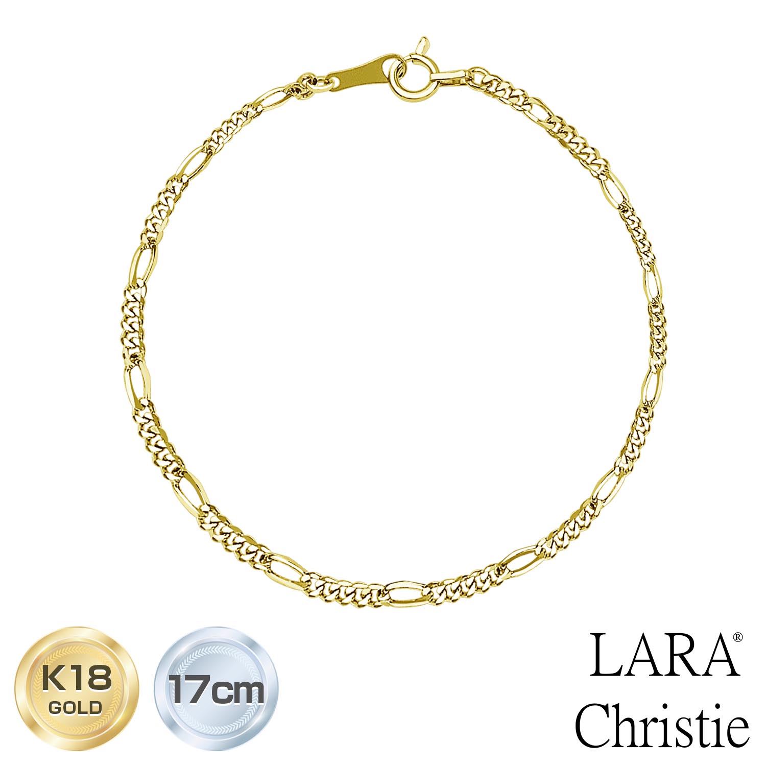 ララクリスティー ブレスレット チェーン レディース メンズ ゴールド K18 フィガロ 幅2mm 約2.23g 17cm LARA Christie プラチナ...