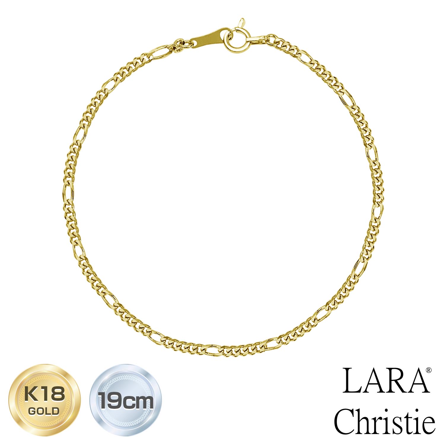 ララクリスティー ブレスレット チェーン レディース メンズ ゴールド K18 フィガロ 幅2mm 約2.5g 19cm LARA Christie プラチナム...